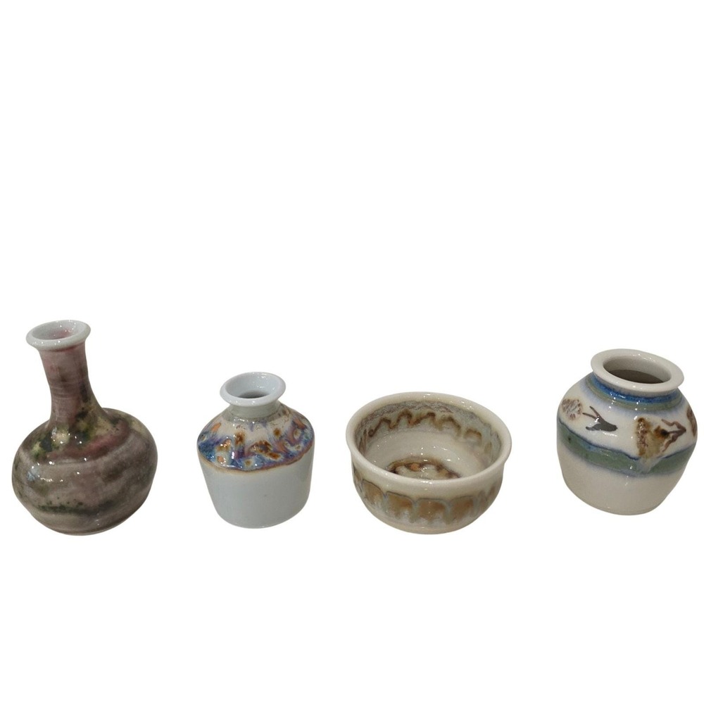 Set of 4 Miniature Studio Pottery Vases & Bowl Sign CR?CS Artisan Glazed Ceramic